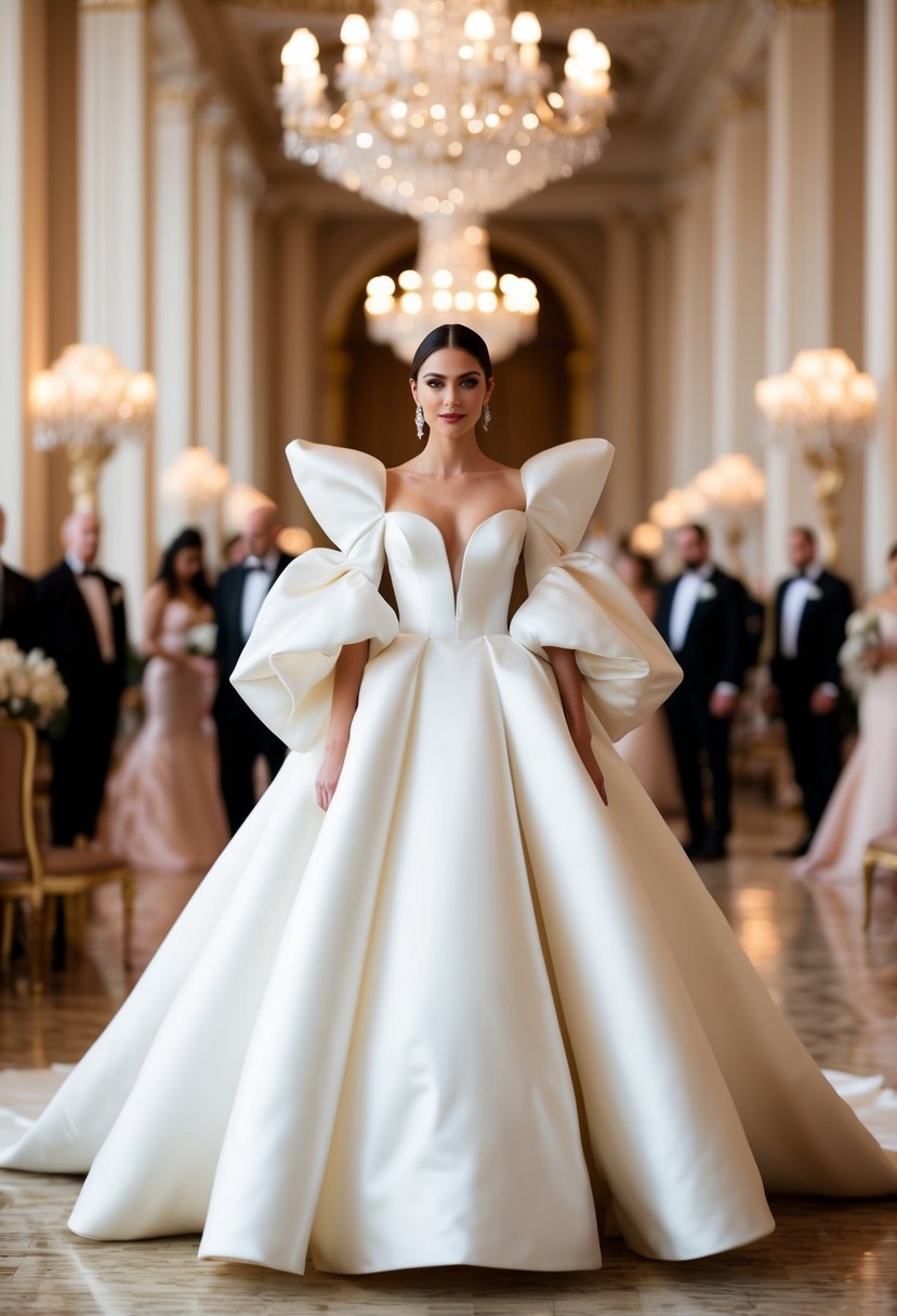 A bride stands in a grand ballroom wearing a high fashion wedding gown with dramatic puffy sleeves, surrounded by opulent decor and soft lighting