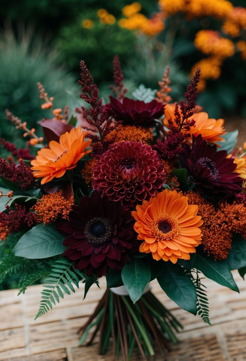 A rich, autumnal bouquet with burgundy and burnt orange flowers arranged in a lush, organic style