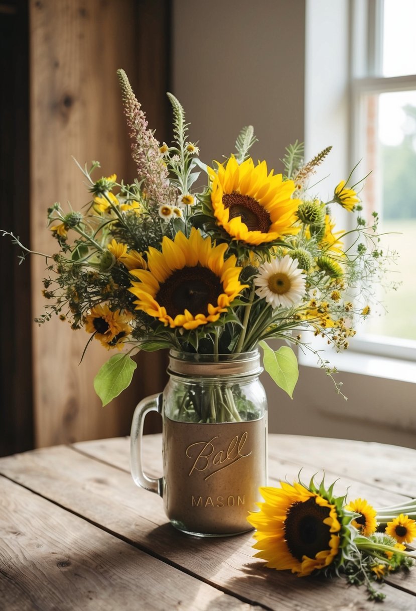 A rustic bouquet of wildflowers and sunflowers arranged in a mason jar on a wooden table, with soft sunlight streaming in from a nearby window