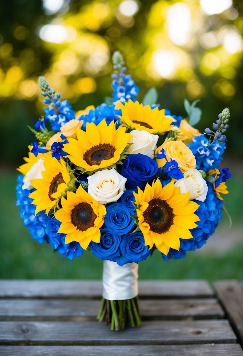 A vibrant yellow and blue wedding bouquet with sunflowers, roses, and delphiniums