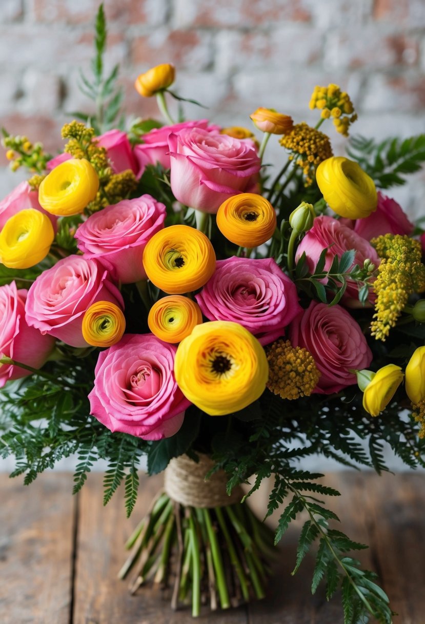 A lush bouquet of pink roses and yellow ranunculus arranged in a rustic, autumn-inspired style