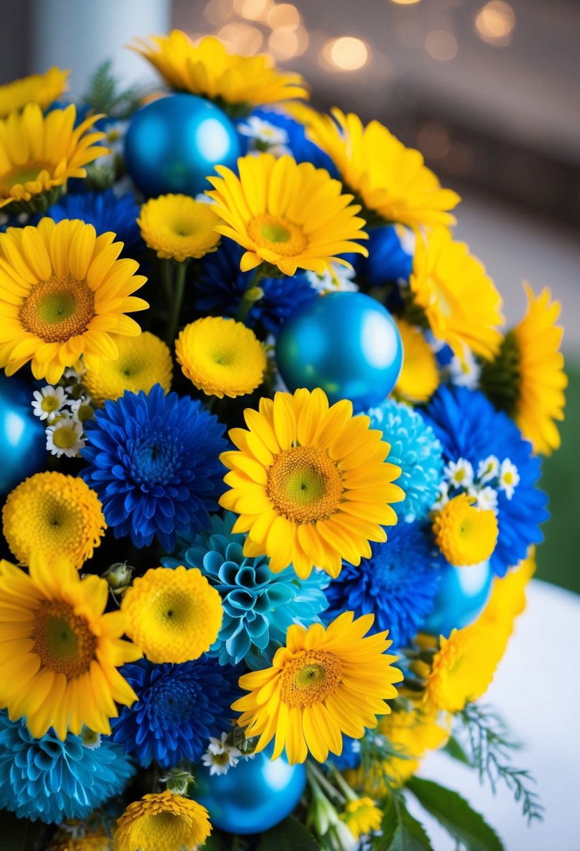 A vibrant wedding bouquet with sunny daisies and billy balls in yellow and blue hues