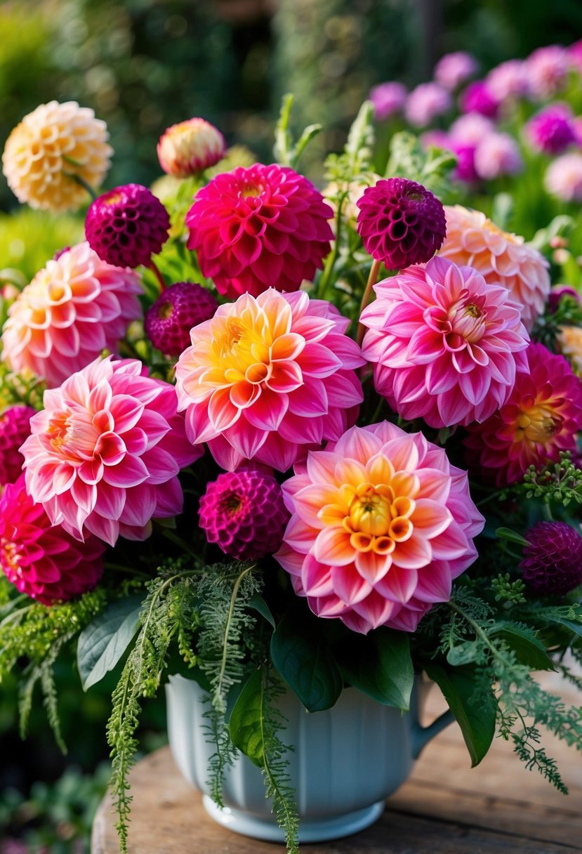 A lush bouquet of vibrant dahlias, accented with greenery, arranged in a garden-style composition