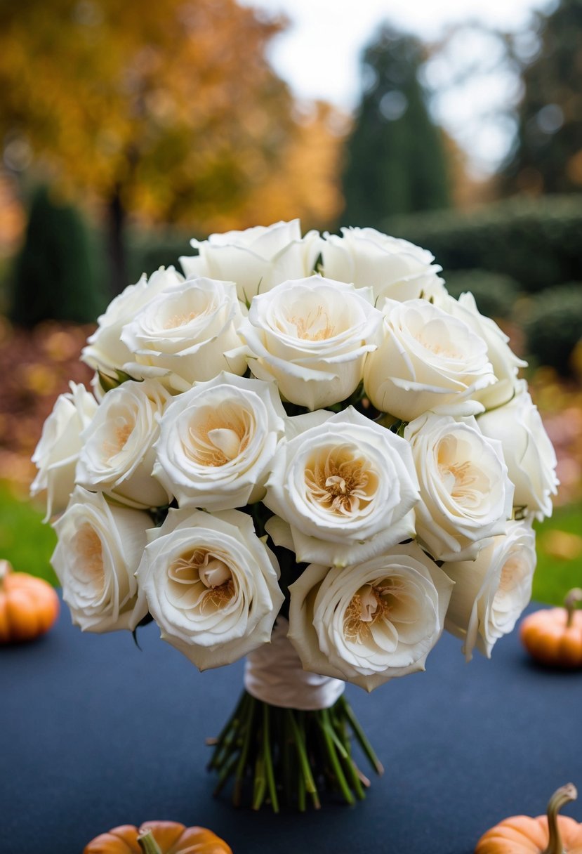 A bouquet of elegant White O'Hara Garden Roses in a classic October wedding setting