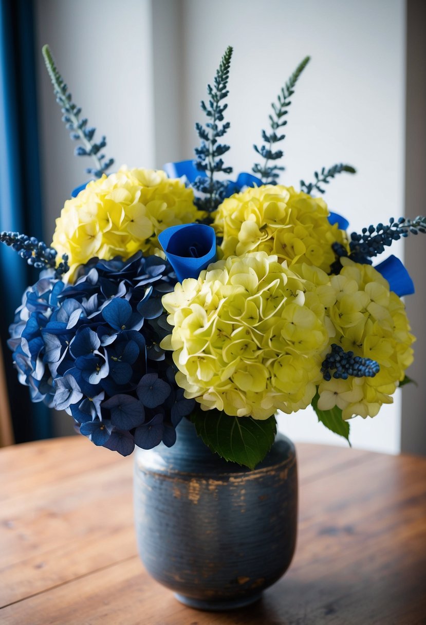 A navy blue hydrangea and yellow flower bouquet with blue accents, arranged in a rustic vase on a wooden table