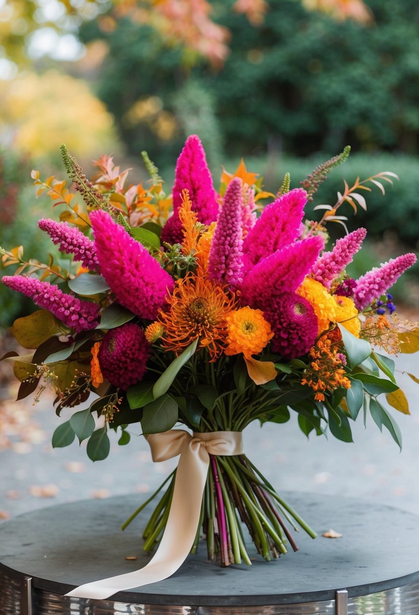 A lush bouquet of vibrant Celosia and Amaranth flowers, accented with autumn foliage, tied with a satin ribbon