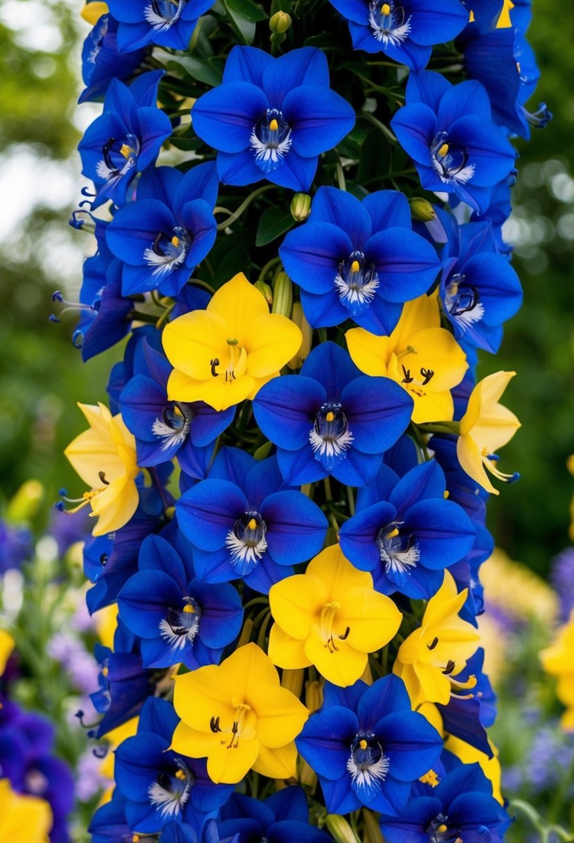 A vibrant bouquet of royal blue delphiniums and yellow flowers arranged in a cascading design