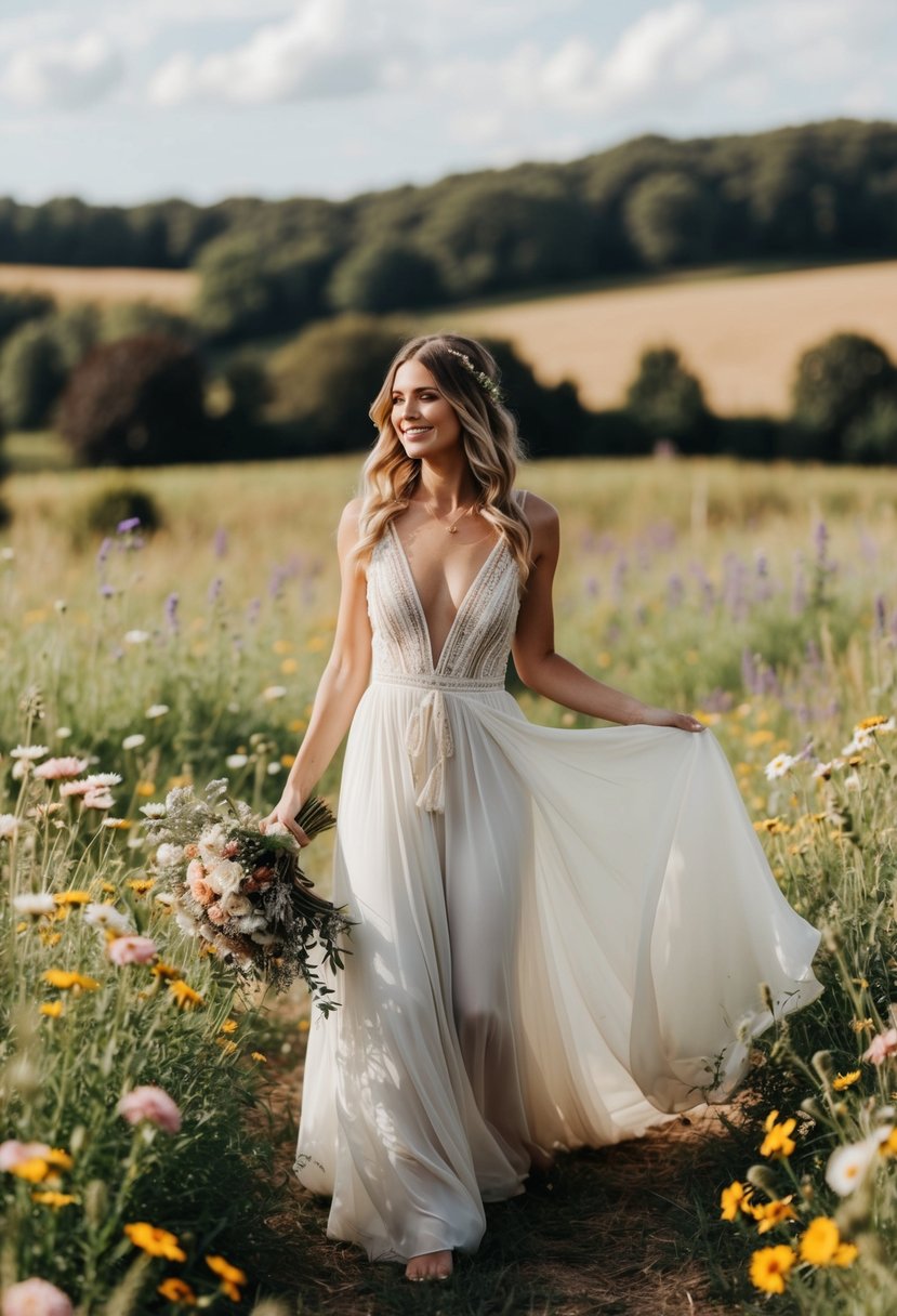 A rustic outdoor wedding with a bride in a flowing bohemian gown, surrounded by wildflowers and a picturesque countryside backdrop