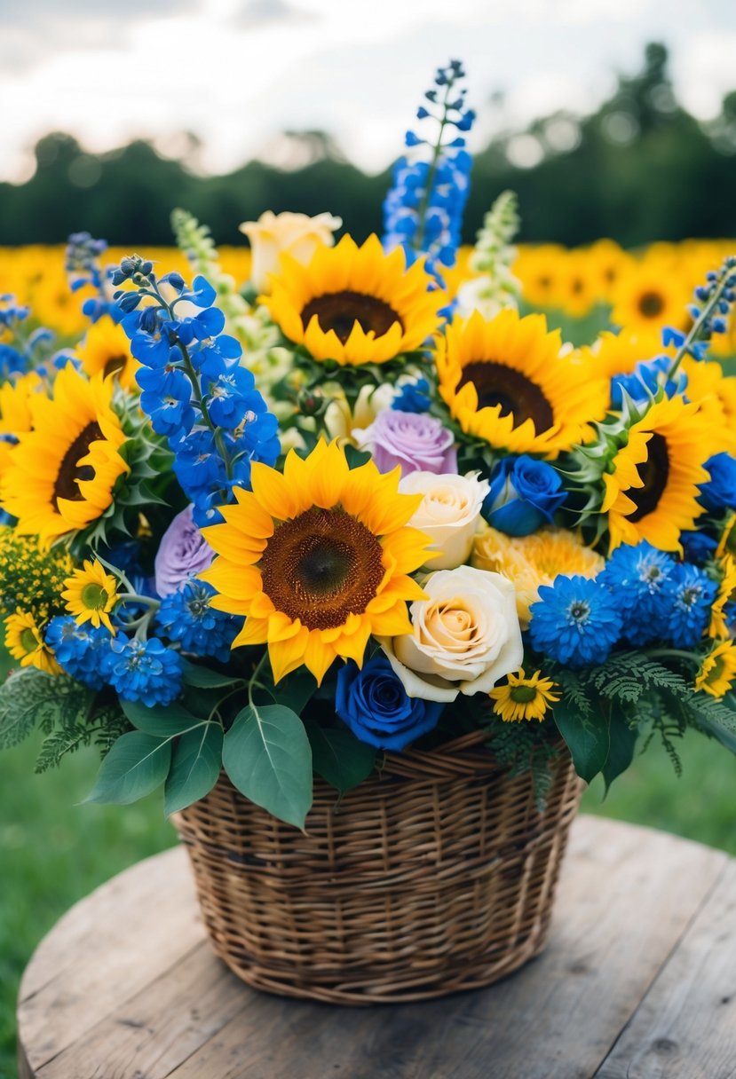 A vibrant yellow and blue bouquet of sunflowers, roses, and delphiniums arranged in a rustic wicker basket