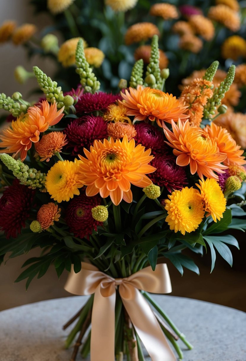 A lush bouquet of chrysanthemums and lisianthus in autumn hues, tied with a satin ribbon