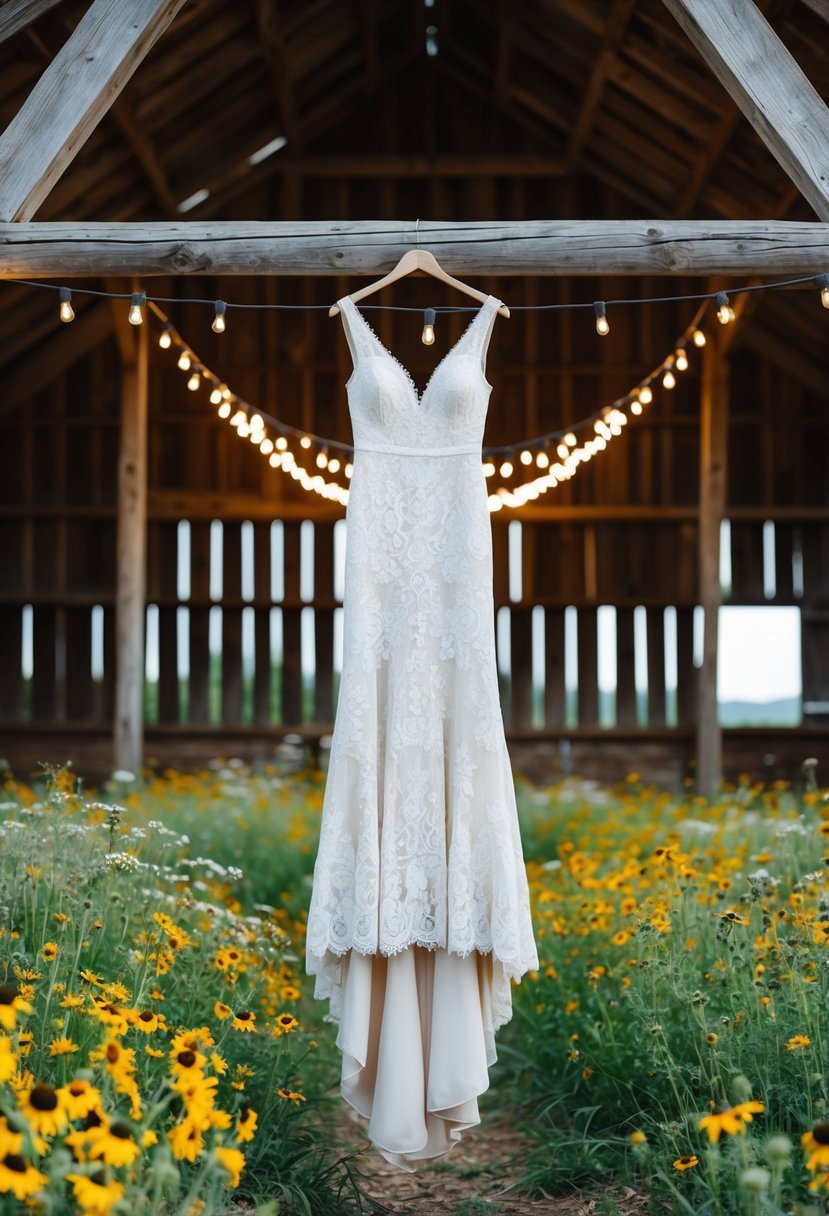 A rustic barn setting with wildflowers and string lights, showcasing a vintage-inspired lace gown hanging from a wooden beam