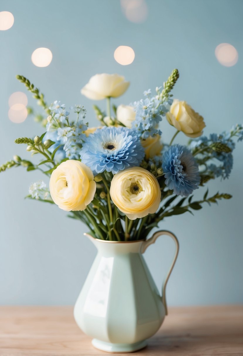 A delicate bouquet of pale yellow and blue flowers arranged in a pastel vase