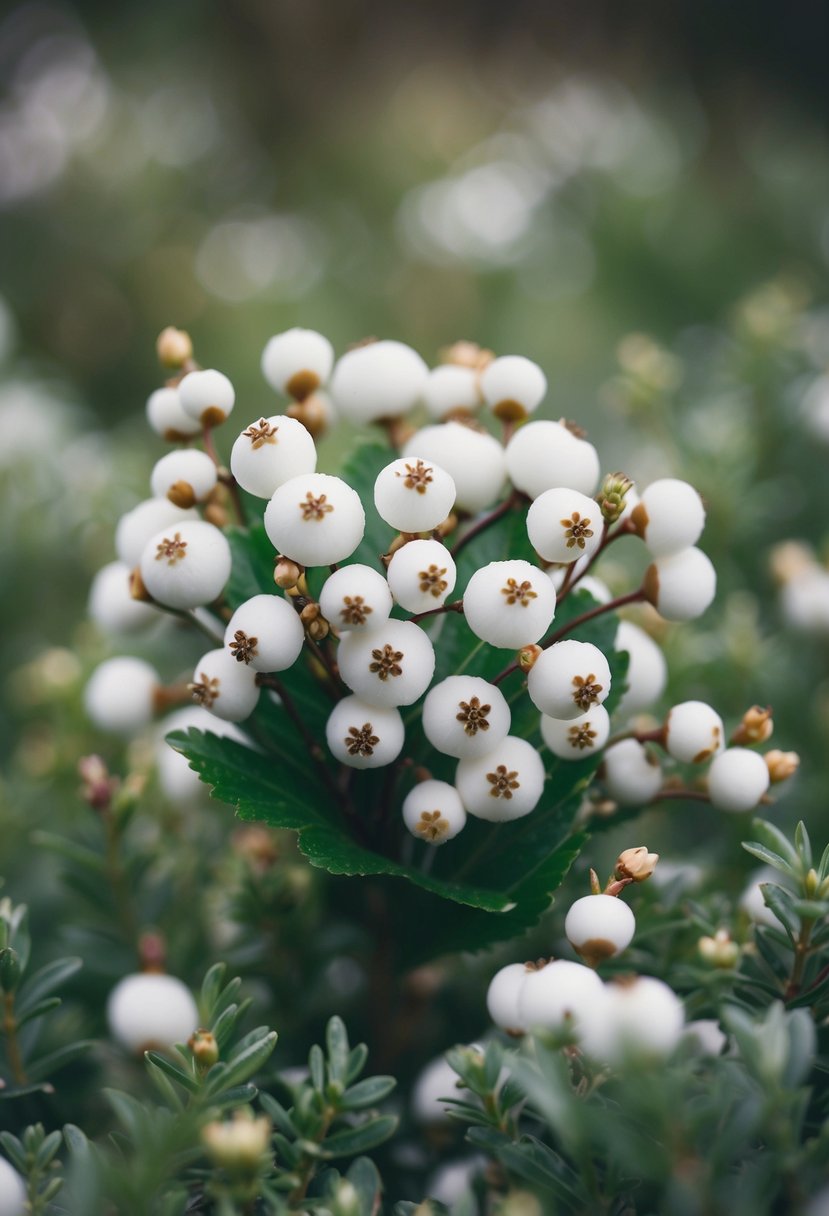 A delicate bouquet of snowberries and waxflowers, nestled in a bed of soft greenery