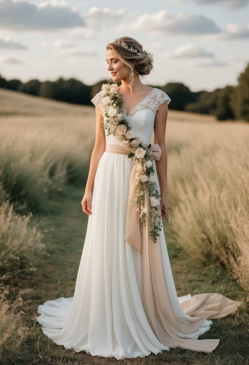 A flowing floral sash in beige hues adorns a rustic country wedding dress, evoking a sense of natural elegance and romance