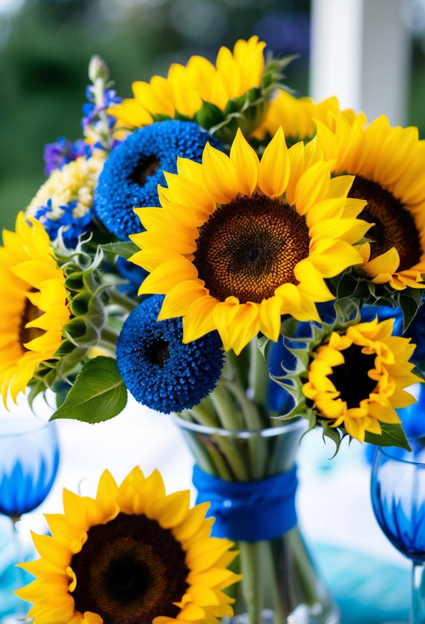 A vibrant sunflower bouquet with pops of blue accents