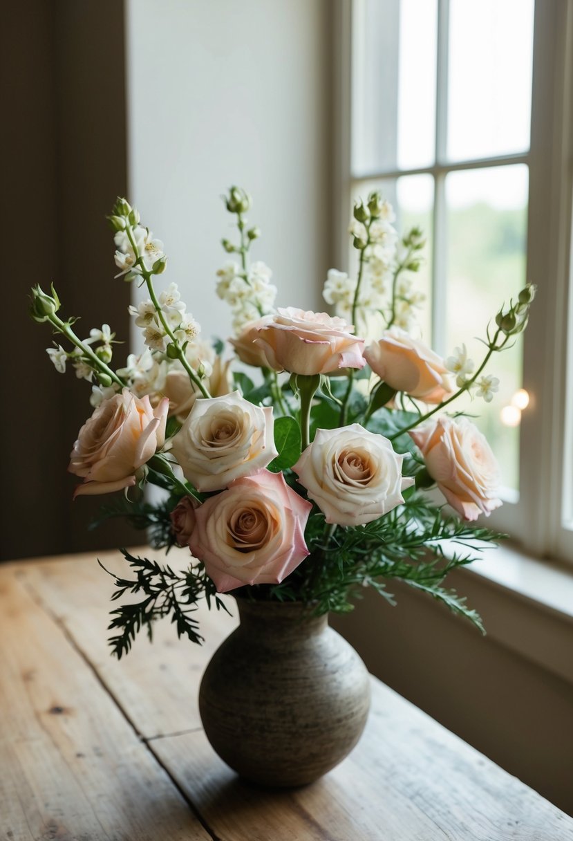 A bouquet of quicksand roses and phlox, arranged in a rustic vase on a wooden table, with soft natural light filtering through a nearby window