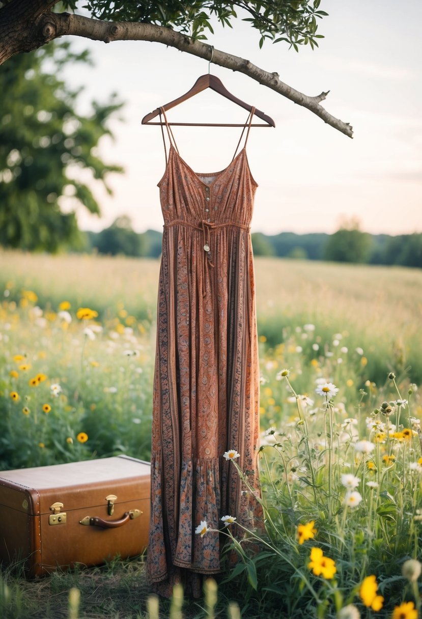 A rustic bohemian maxi dress hanging from a tree branch in a country field, surrounded by wildflowers and a vintage suitcase