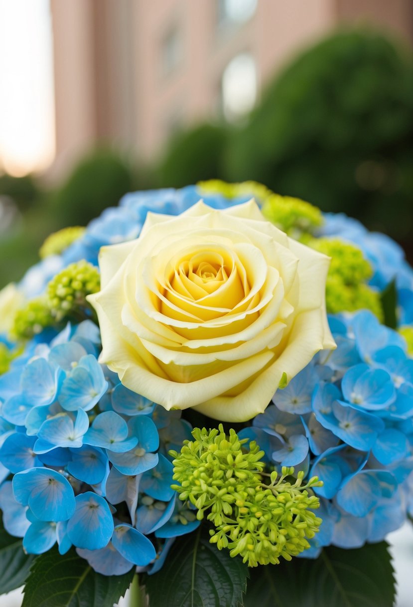 A butter yellow rose surrounded by blue hydrangeas in a wedding bouquet