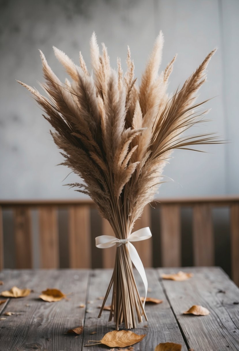 A bouquet of dried pampas grass, tied with a sustainable ribbon, sits on a rustic wooden table with scattered fallen leaves