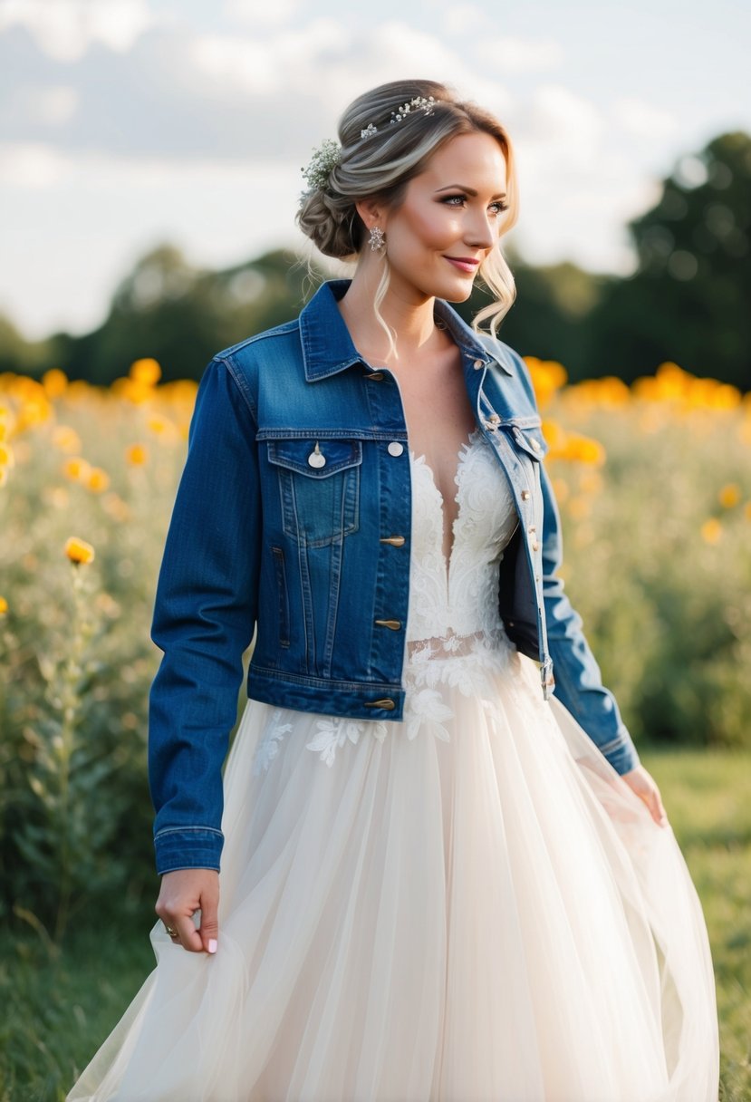 A bride wearing a western denim jacket over a flowing country wedding dress, with wildflowers in the background