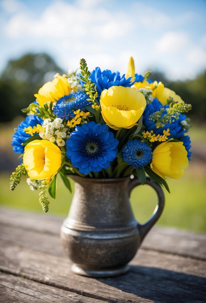 A navy and buttercup medley yellow and blue wedding bouquet arranged in a rustic, vintage-style vase