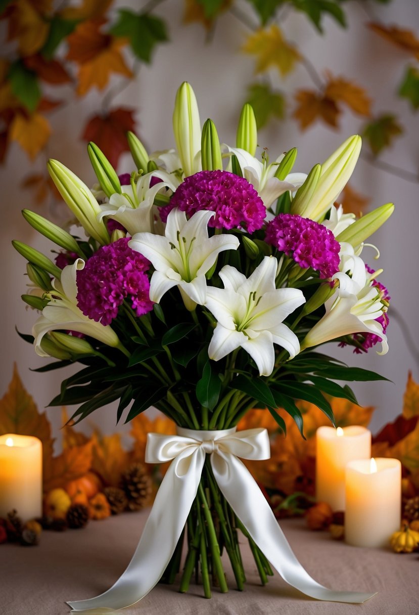 A lush bouquet of lisianthus and lilies tied with a satin ribbon, set against a backdrop of autumn leaves and soft candlelight