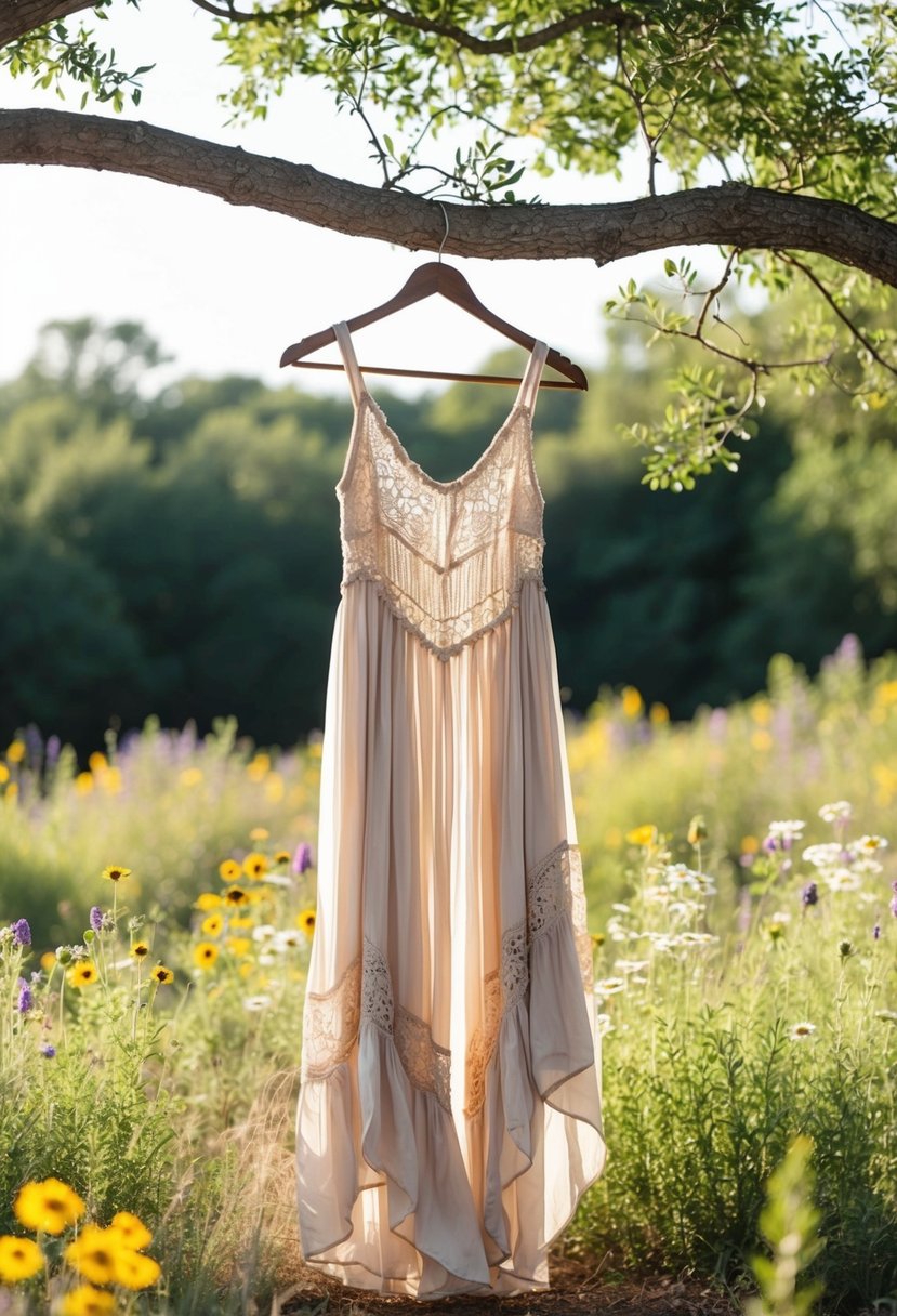 A flowing boho fabric dress hangs from a tree branch in a rustic outdoor setting, surrounded by wildflowers and dappled sunlight