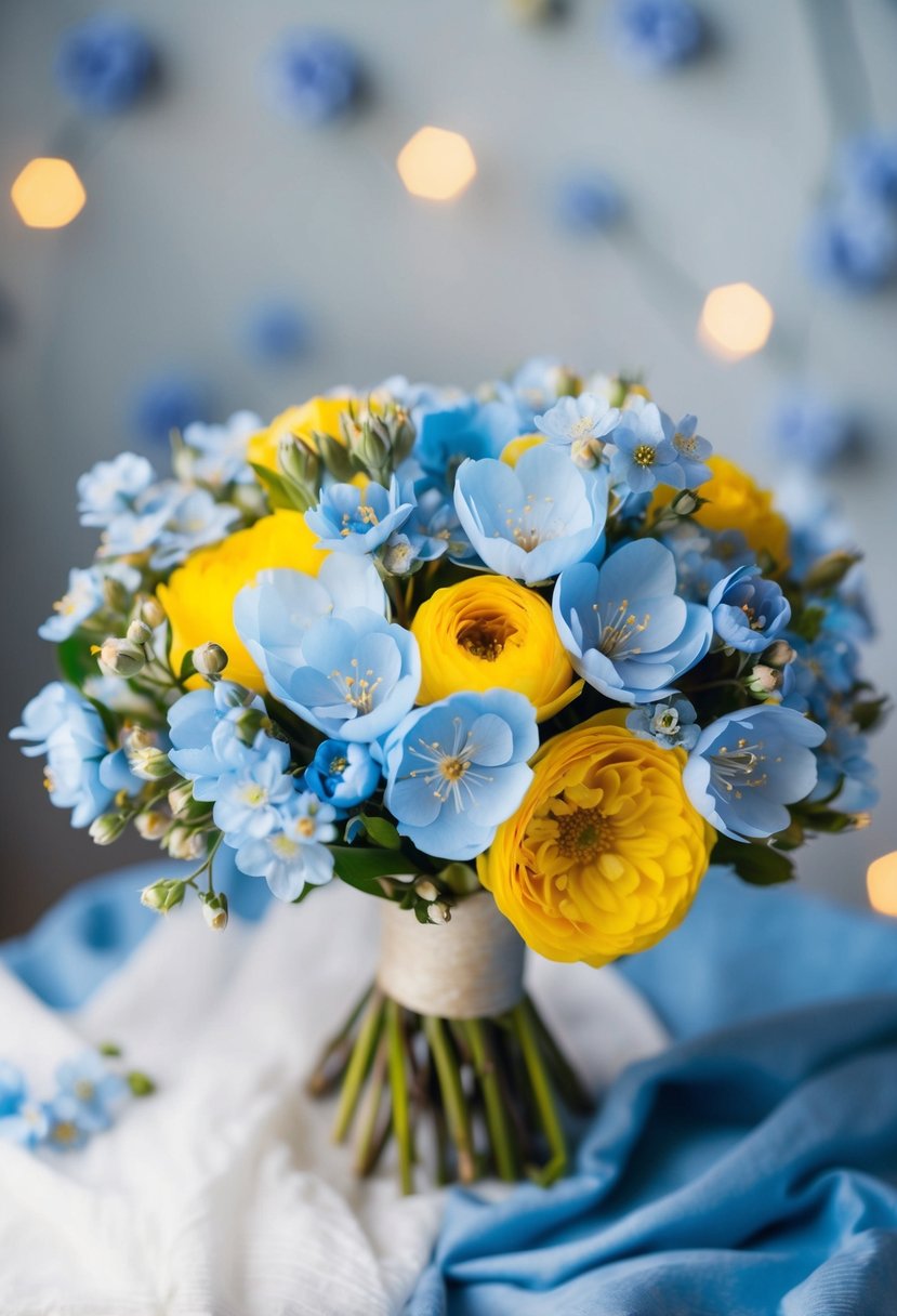 A bouquet of baby blue blossoms mixed with yellow and blue flowers, arranged in a whimsical and romantic style