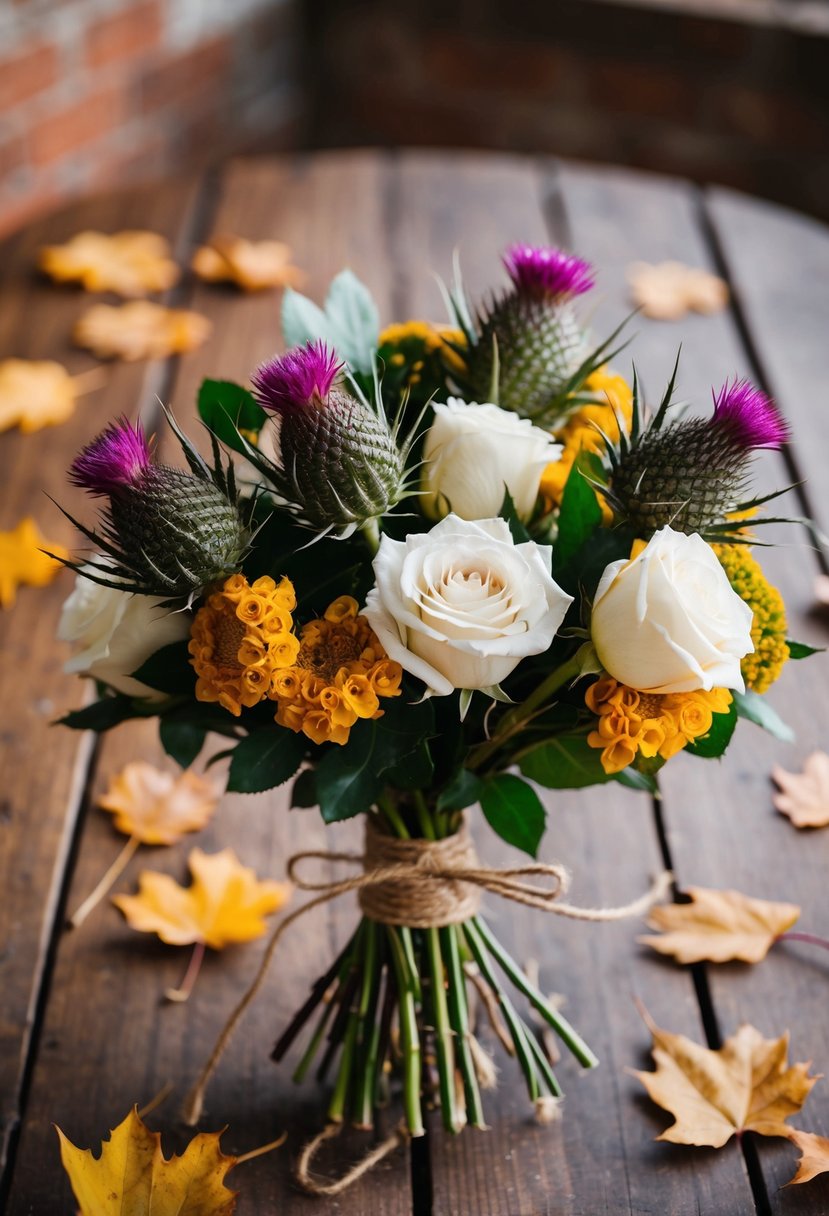 A rustic bouquet of thistle and spray roses, tied with twine, sits on a wooden table with autumn leaves scattered around