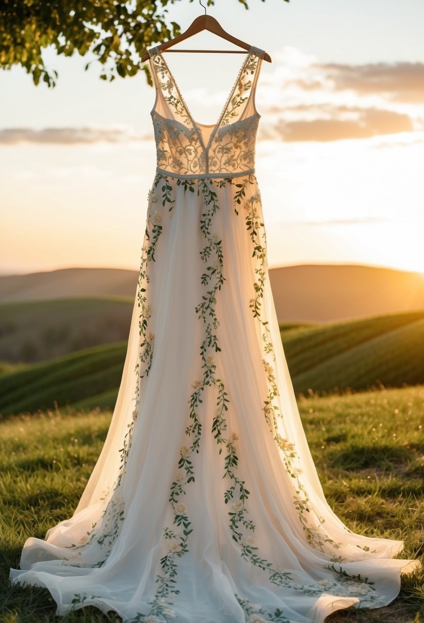 A flowing, floor-length gown adorned with delicate floral lace and leafy vine motifs, set against a backdrop of rolling hills and a golden sunset