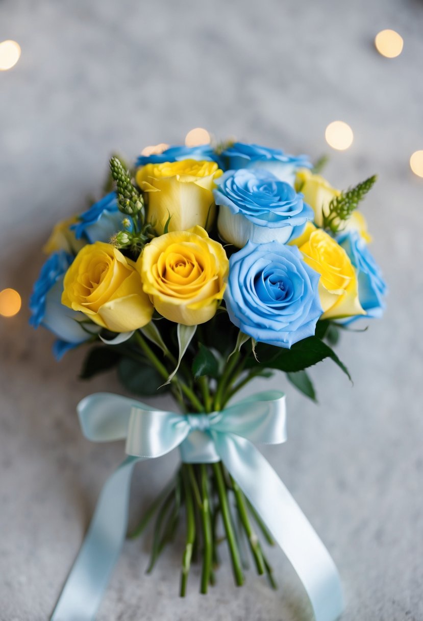 A delicate bouquet with cornflower blue and sunny yellow roses, tied with a satin ribbon