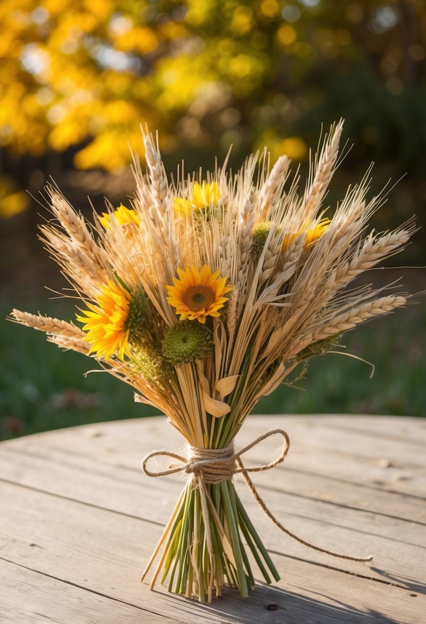 A rustic bouquet of strawflowers and sea oats, tied with twine, sits on a wooden table in the warm autumn sunlight