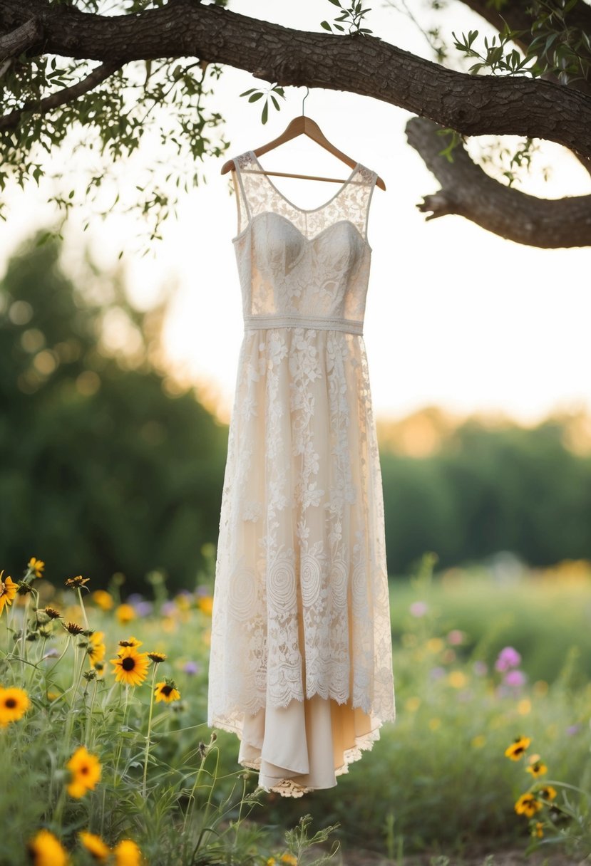 A rustic outdoor setting with wildflowers and a lace tea-length dress hanging from a tree branch