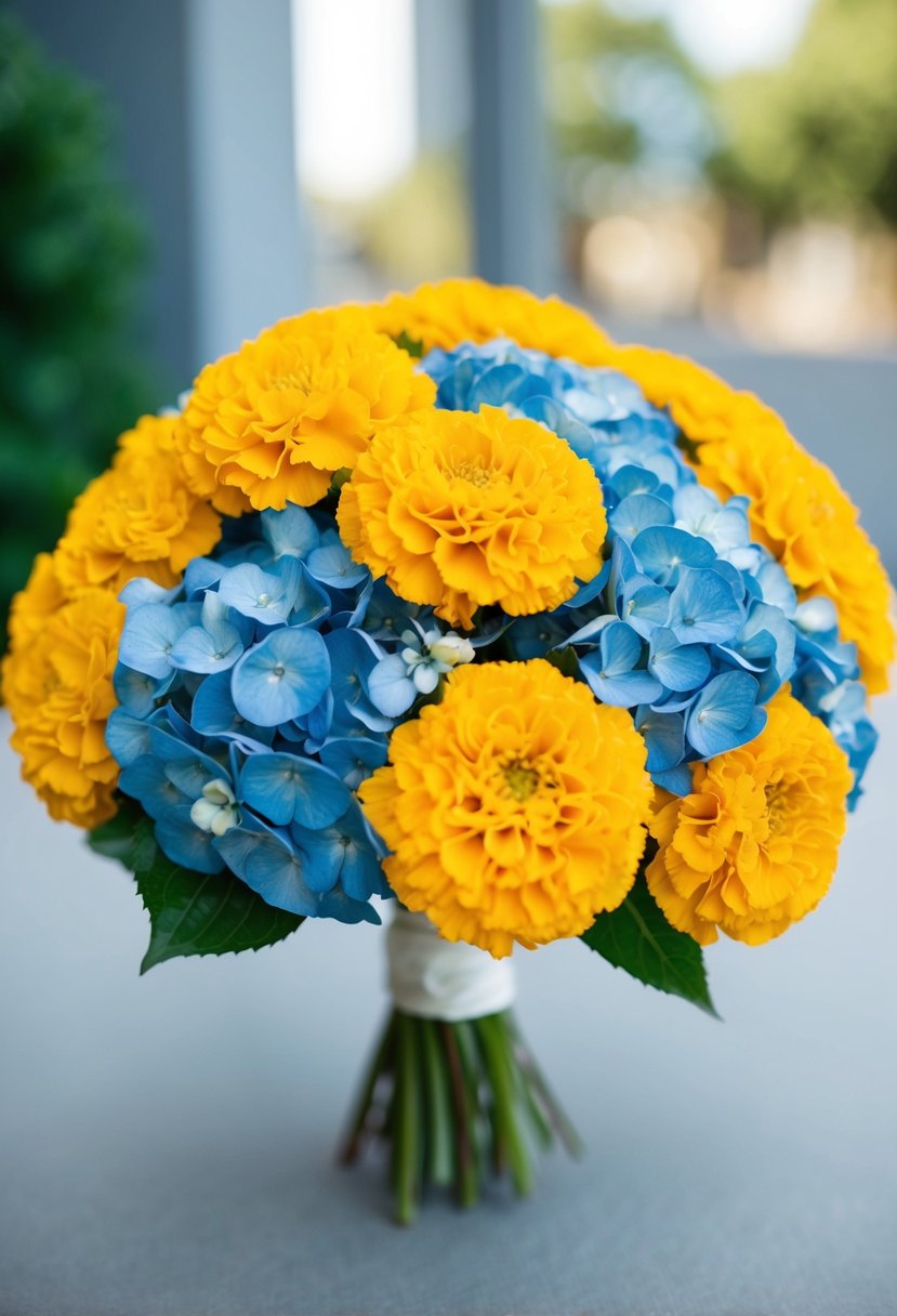 A bunch of golden marigolds intertwined with blue hydrangeas in a wedding bouquet