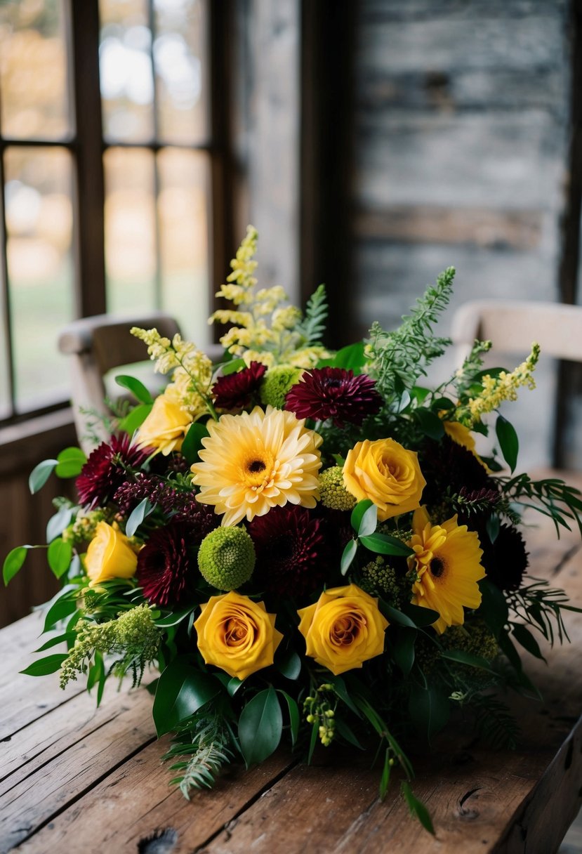 A lush bouquet of golden yellow and deep burgundy flowers, accented with greenery, sits on a rustic wooden table