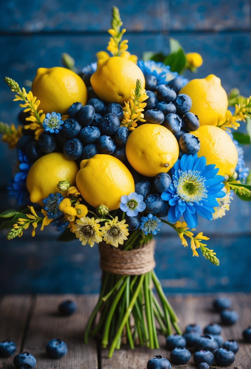 A bouquet of fresh blueberries and yellow lemons intertwined with rustic blue and yellow flowers