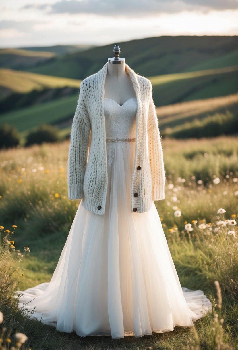 A chunky knit cardigan draped over a flowing country wedding dress, set against a rustic backdrop of rolling hills and wildflowers