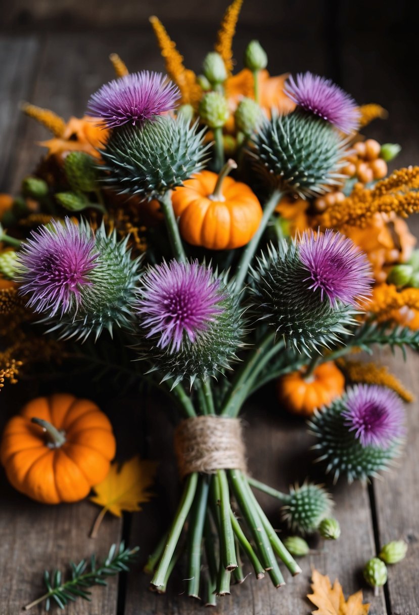 A bouquet of thistle and pieris buds arranged in a rustic, autumn-themed ensemble