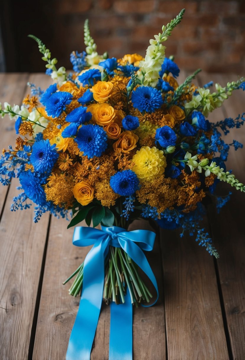 A cascading bouquet of azure and amber yellow flowers, tied with blue ribbon, sits on a rustic wooden table