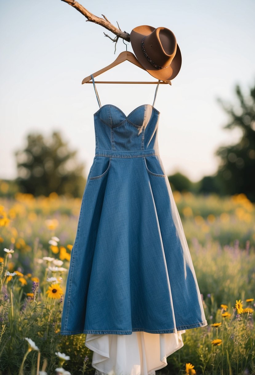 A denim wedding dress hanging on a rustic wooden hanger, surrounded by wildflowers and a cowboy hat