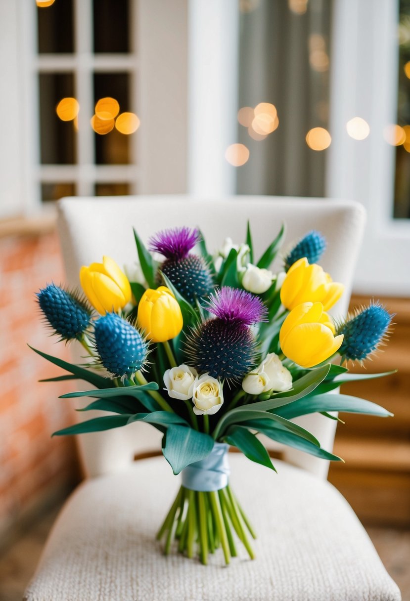 A chic wedding bouquet with blue thistle and yellow tulips