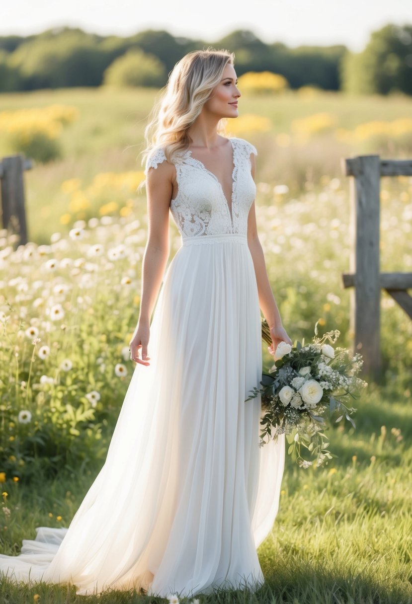 A bride in a flowy, lace-adorned maxi dress stands in a sun-drenched field, surrounded by wildflowers and rustic wooden accents