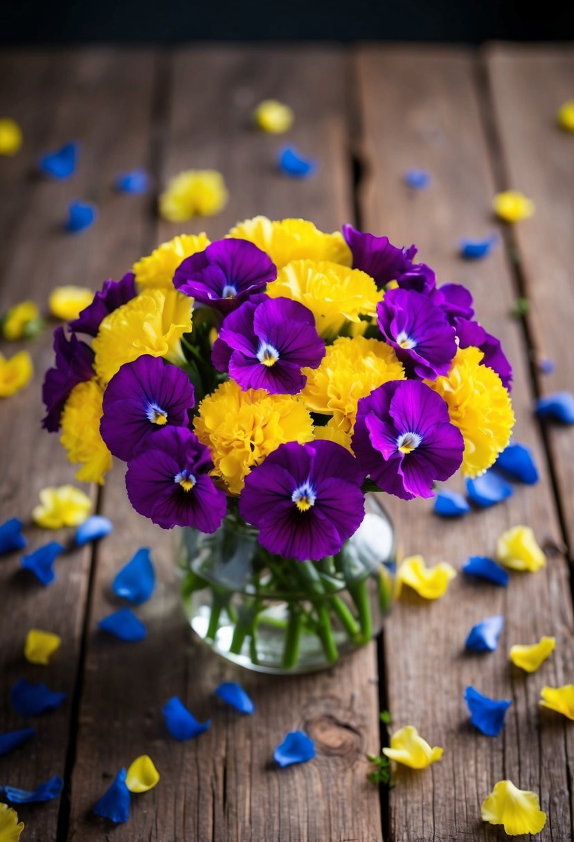 A vibrant viola and yellow carnations bouquet sits on a rustic wooden table, surrounded by scattered blue and yellow petals