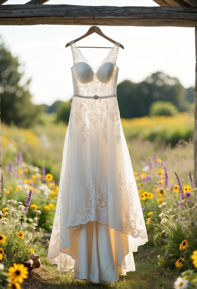 A flowing, lace-adorned country wedding dress hanging from a rustic wooden hanger, surrounded by wildflowers and vintage accessories