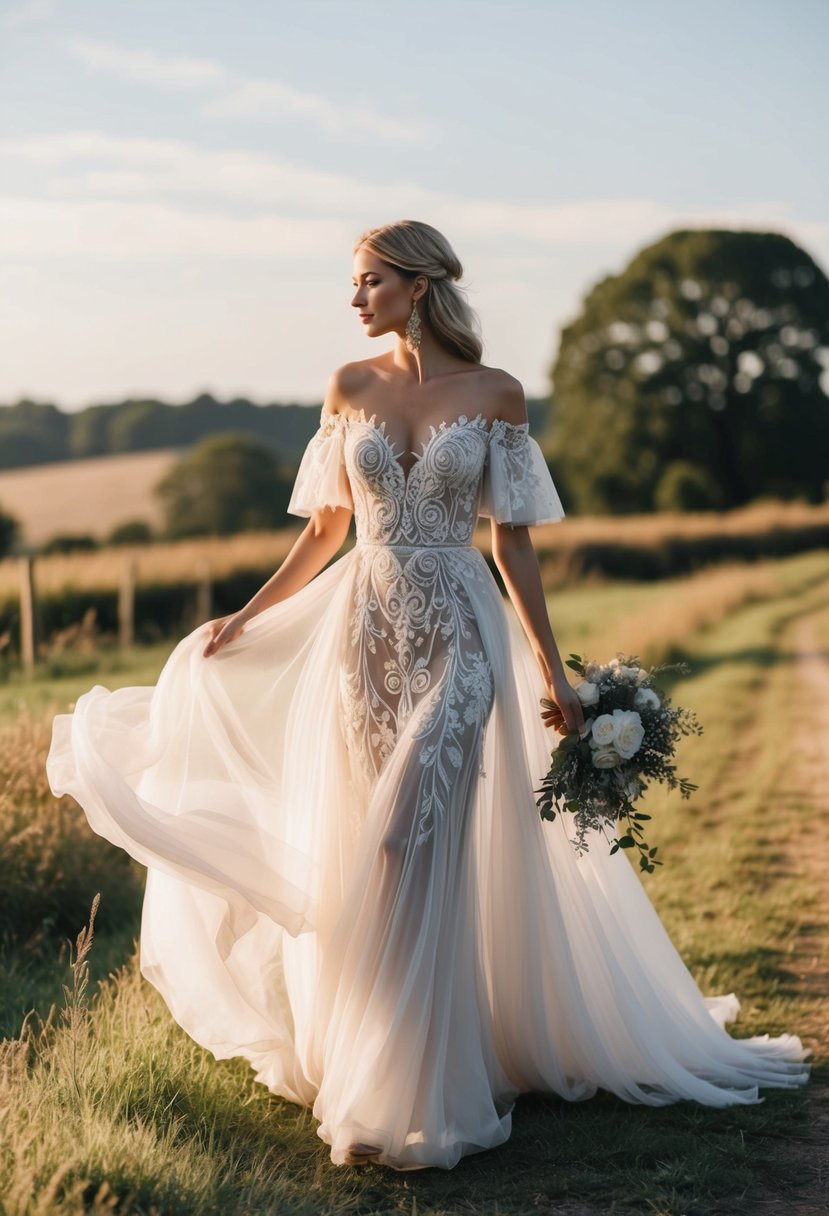 A flowing, off-the-shoulder wedding dress adorned with intricate bohemian floral motifs, set against a rustic countryside backdrop