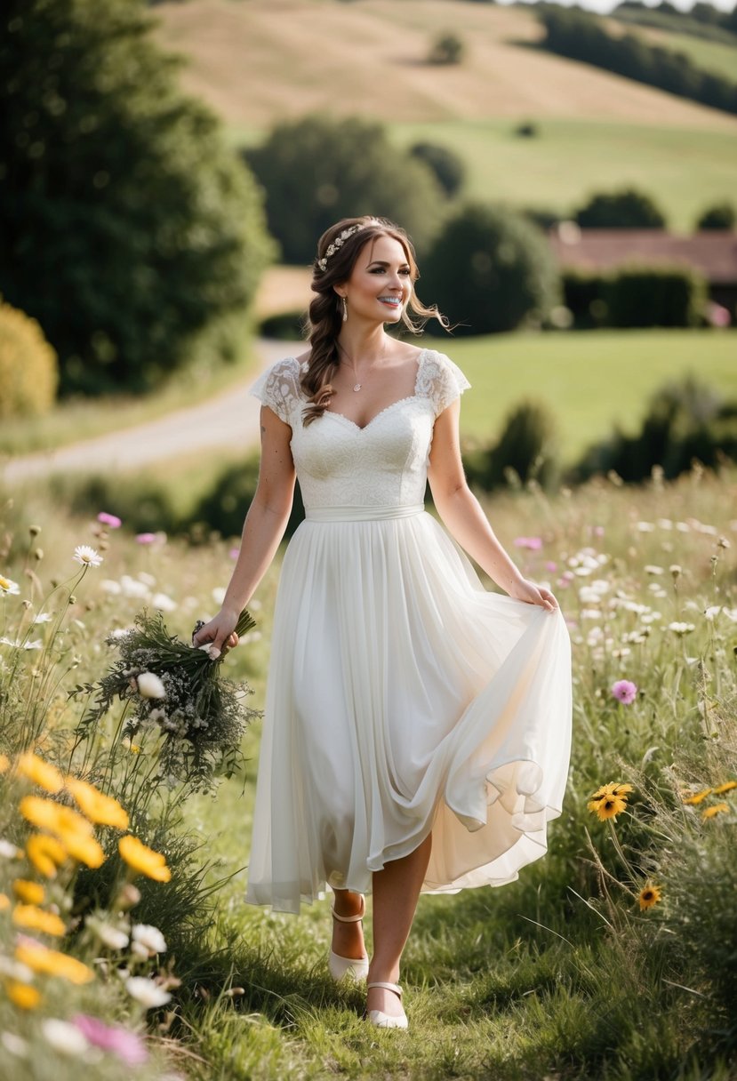 A rustic outdoor wedding with a bride in a flowing tea dress, surrounded by wildflowers and a quaint countryside backdrop