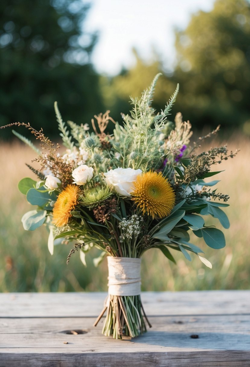 A rustic wedding bouquet with wildflowers, greenery, and dried herbs