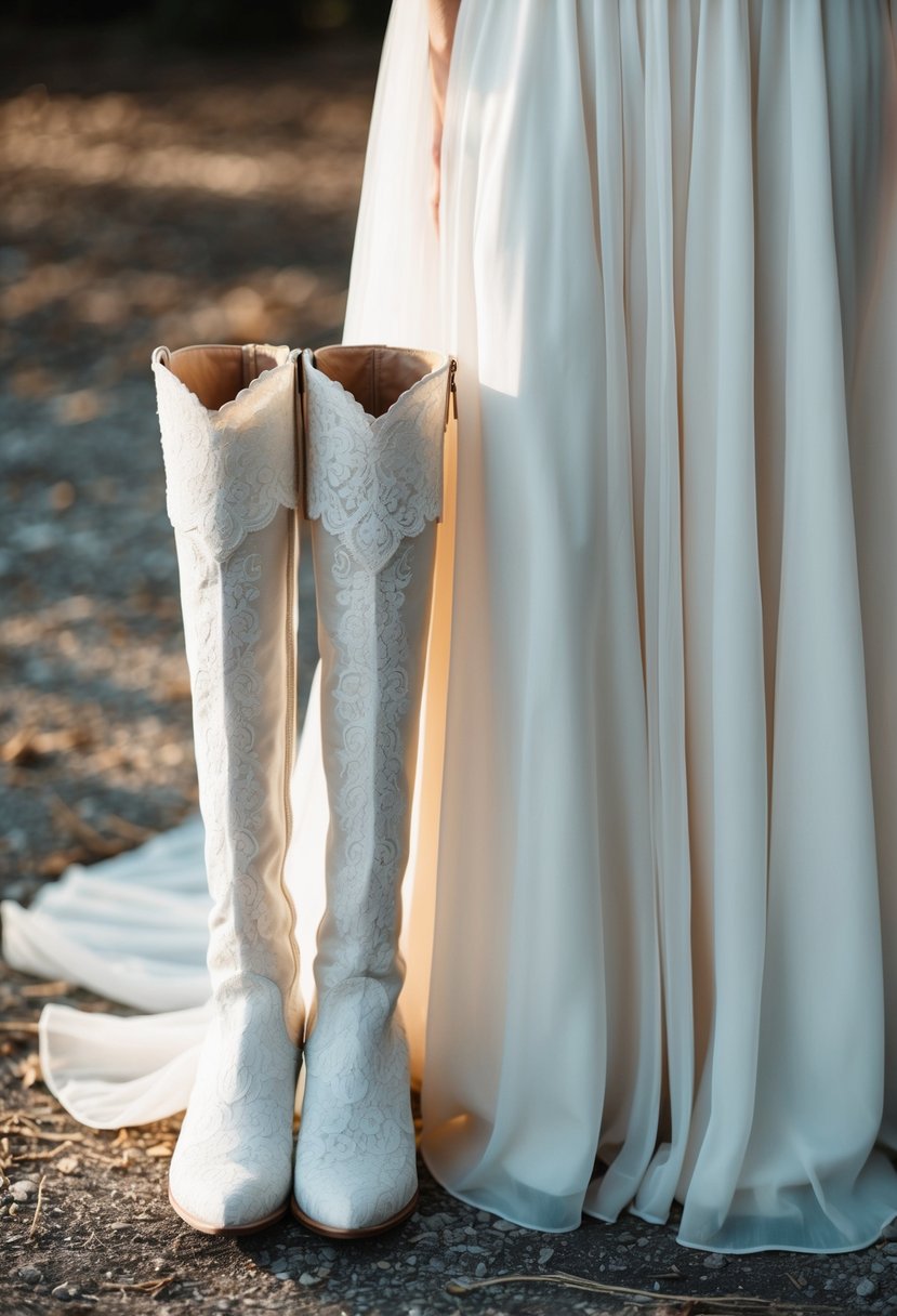 A pair of elegant, white lace bridal boots stand next to a flowing, off-white country wedding dress, set against a rustic, outdoor backdrop