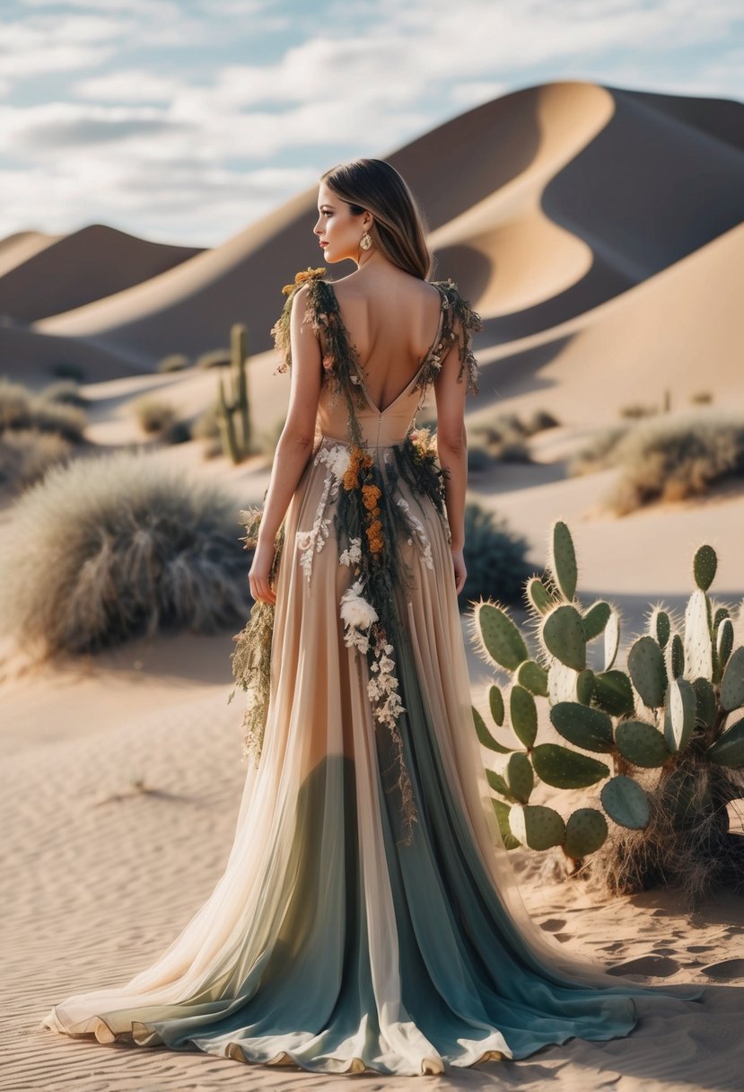 A flowing gown in earthy tones, adorned with desert flora and cacti, set against a rustic backdrop of sand dunes and mesas