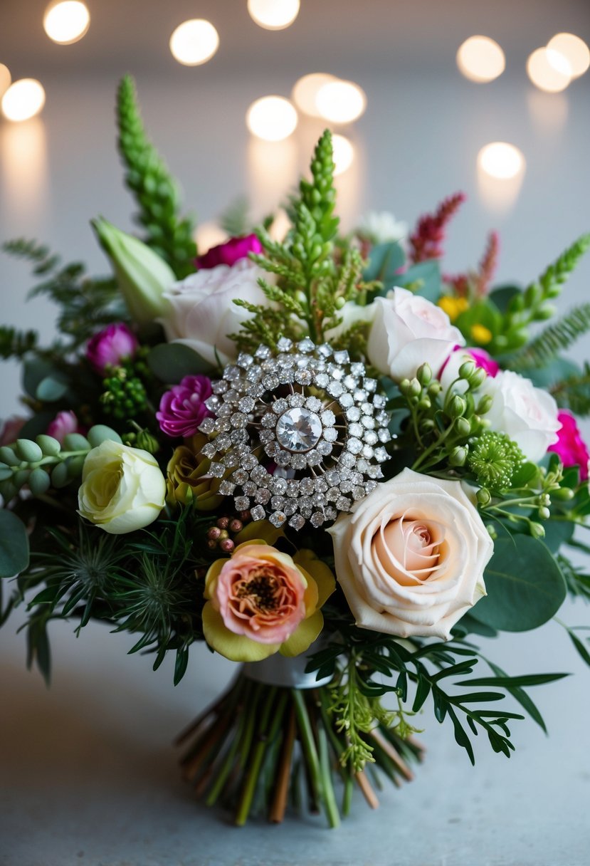 A sparkling brooch bouquet with assorted flowers and greenery, no roses